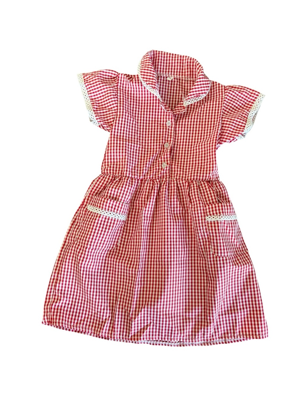 Red Gingham Collegiate Button-Front Dress with Lace Trim
